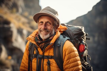 Portrait of a senior man with a backpack hiking in the mountains.