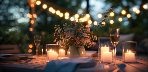 Romantic Outdoor Dinner Table Setting with Candles and Festive Lights,  intimate dinner setting outdoors with candles and string lights at dusk on terrace - obrazy, fototapety, plakaty