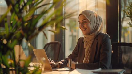 Business Meeting Image: Professional Woman in Hijab, Engaging Conversation, Note Taking, Modern Office Environment, Man in Suit, Business Table, Pleasant Atmosphere with Plants, Smiling, Writing, Disc
