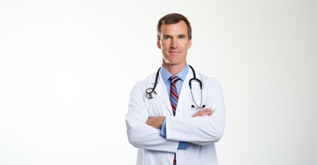Fototapeta premium Professional doctor portrait against white, symbolizing care and trust.