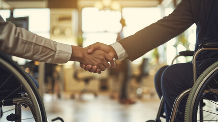 Business Deals Accomplished by the Handshake of Able-bodied and Wheelchair-bound Individuals in Professional Attire, Conveying Power, Agreement, Collaboration, and Respect in a Naturally Lit Indoor Of - obrazy, fototapety, plakaty