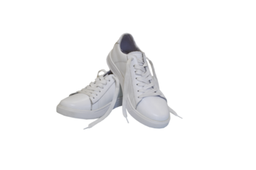 a pair of white sneakers on a white background, stylish fashionable leather sneakers for men isolated on white background