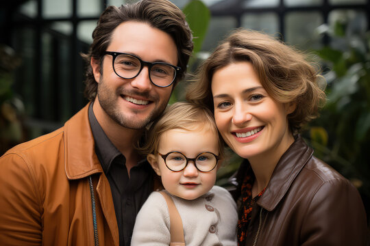 Happy man and woman are posing for a picture with a baby