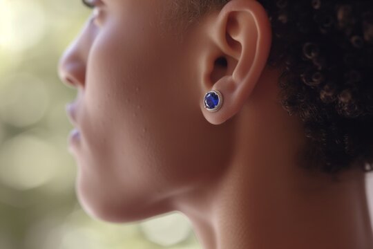 profile of a person wearing sapphire stud earrings, with focus on the stone