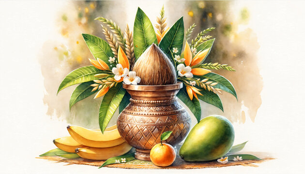 Festive watercolor kalash with coconut, mango leaves and fruit. Holiday concept.  Design for seasonal greeting card, event invitation. Festive banner with copy space.