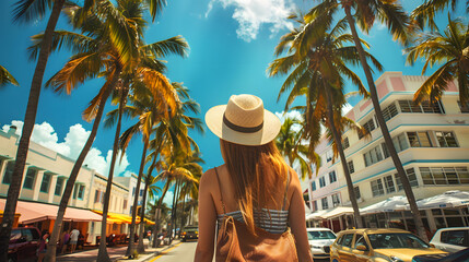 Beautiful tourist young woman walking in Miami Beach city street in Florida, USA, tourism travel holiday vacations concept in United States of America - obrazy, fototapety, plakaty