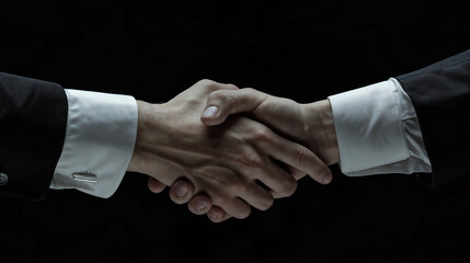 Corporate Handshake Denoting Successful Business Negotiations, Formal Suit Attire, Trusting Agreement, Two People Greeting, White Shirt with Cuffs, Expression of Respect, Neutral Dark Background - obrazy, fototapety, plakaty