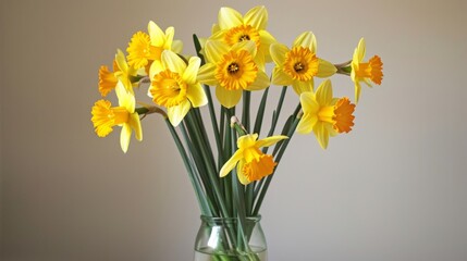 Fresh daffodils in a vase on a peach background, symbolizing spring, freshness, and interior decor.