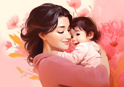 Realistic Painting of Asian Mother Holding Baby