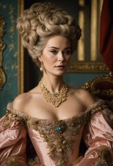 "Rococo Cersei as Marie Antoinette", elaborate gown, huge rococo hair, head and shoulders portrait,