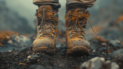 Muddy Hiking Boots on a Rocky Trail
