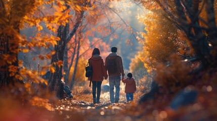 Family of Three on Autumn Nature Walk Through Vibrant Forest