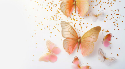 Pink paper butterflies with gold accents on a white background, a whimsical and delicate decoration concept.