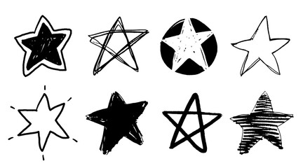 Set of black doodle style stars drawn by hand. Grunge scrawls, charcoal scribbles, rough brush strokes, underlines. Bold charcoal freehand stars. Crayon or marker scribbles