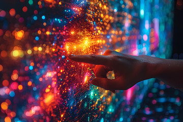 Hand Pointing at Futuristic Colorful Light Display