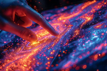Hand Touching Colorful Explosion and Liquid Crystal Galaxy