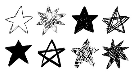Set of black doodle style stars drawn by hand. Grunge scrawls, charcoal scribbles, rough brush strokes, underlines. Bold charcoal freehand stars. Crayon or marker scribbles