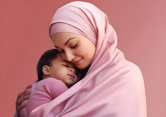 Muslim Mother Holding Baby Wrapped in Pink Blanket