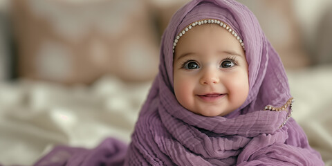 Banner with small cute arab baby girl in hijab and place for text.