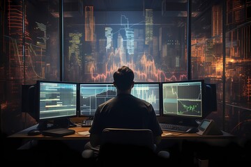 A trader immersed in data analysis, surrounded by screens displaying intricate stock market patterns against a minimalist, modern backdrop. - obrazy, fototapety, plakaty