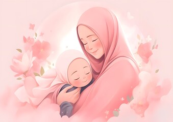 Loving Embrace Between a Muslim Mother and Her Baby in a Pastel Illustration
