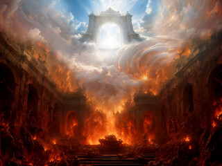 Heaven paradise above the sky and fiery hell below. Heaven and hell religious theme concept.