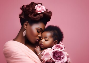Black Mother Holding Baby on Pink Background