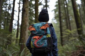 teen with dragonthemed backpack trekking in the forest