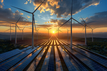 Sunset over Wind Farm and Solar Panels in Green Energy Landscape