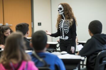 woman with skeleton ghost makeup teaching a classroom full of students