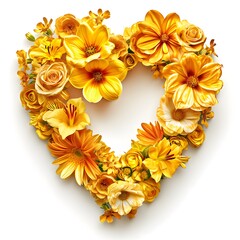 Golden Floral Arrangement Shaped Like a Heart on a White Background