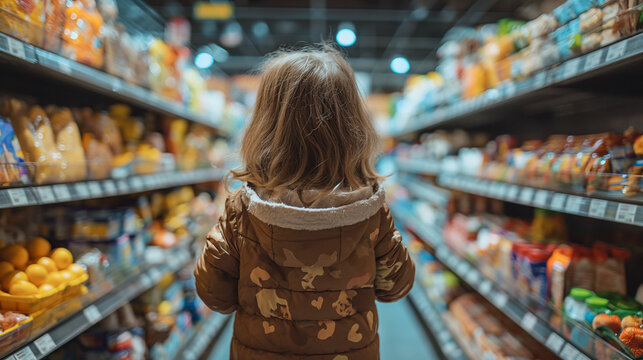 A photograph of a baby girl shopping in a supermarket and purchasing food from the store