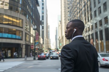 Fototapeta na wymiar bodyguard in suit with earpiece surveying city street