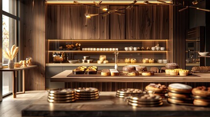 a bakery on a long table against a modern kitchen background, adorned with gold and brown colors to evoke luxury, offering ample copy space.