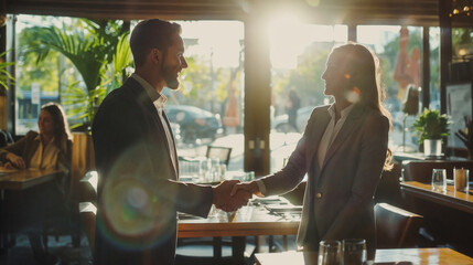 Professional Business Meeting Portraying a Handshake between Two Individuals in Suit and Blazer in a Bright Dining Area Setting Indicating Agreement or Introduction - obrazy, fototapety, plakaty