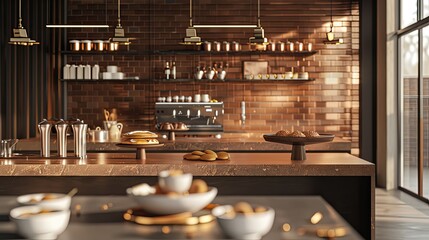 a bakery on a long table against a modern kitchen background, adorned with gold and brown colors to evoke luxury, offering ample copy space.