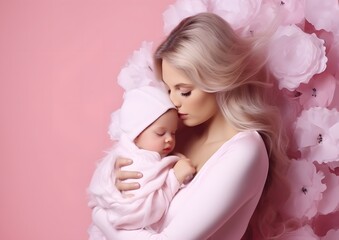 Tender Embrace Between Mother and Child Against a Soft Pink Background