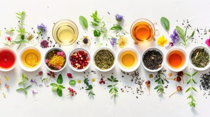 cups of various teas including green, black, fruit, and herbal tea on a white background, inviting viewers to indulge in a sensory journey of tea exploration. - obrazy, fototapety, plakaty