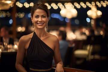 beautiful woman in evening dress in a luxury restaurant or club. - obrazy, fototapety, plakaty