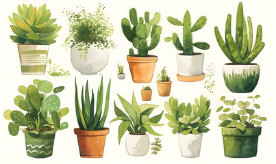 Fototapeta premium Watercolor plants in pots collection on white background, Generative AI