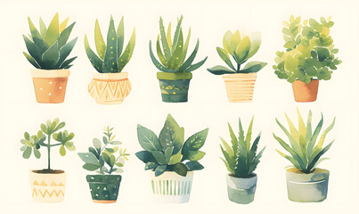 Fototapeta na wymiar Watercolor plants in pots collection on white background, Generative AI