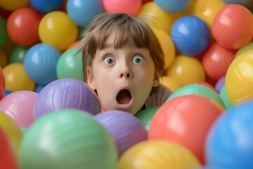 Fototapeta na wymiar kid popping up from ball pit with wide surprised eyes