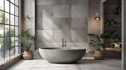 modern contemporary bathroom with gray tiles and grey tub, in the style of white and beige, new contemporary
