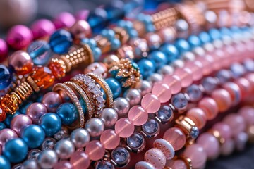 Up close view of a variety of vibrant bracelets adorned with diverse accessories. - obrazy, fototapety, plakaty