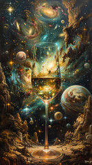 a wine glass under the stars with galaxy dotted with stars, in the style of psychedelic tableaux, metafictional