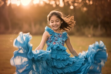 girl spinning joyfully in a blue dress with ruffles