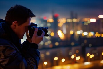 photographer capturing night city life, camera in hands