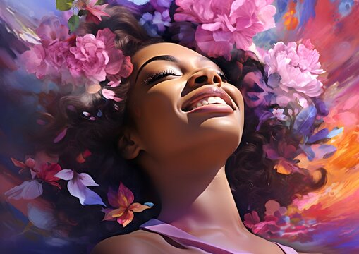 Celebrating Mothers Day: Afrocentric Woman Surrounded by Blossoms in a Vibrant Painting