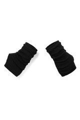 Close-up photo of a pair of short fingerless gloves with thumbhole. Black glovelettes are isolated on a white background. Top view.