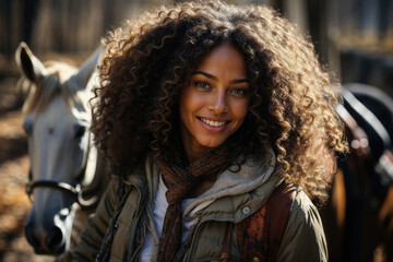 Radiant woman with curly hair enjoying outdoor adventure Generative AI image